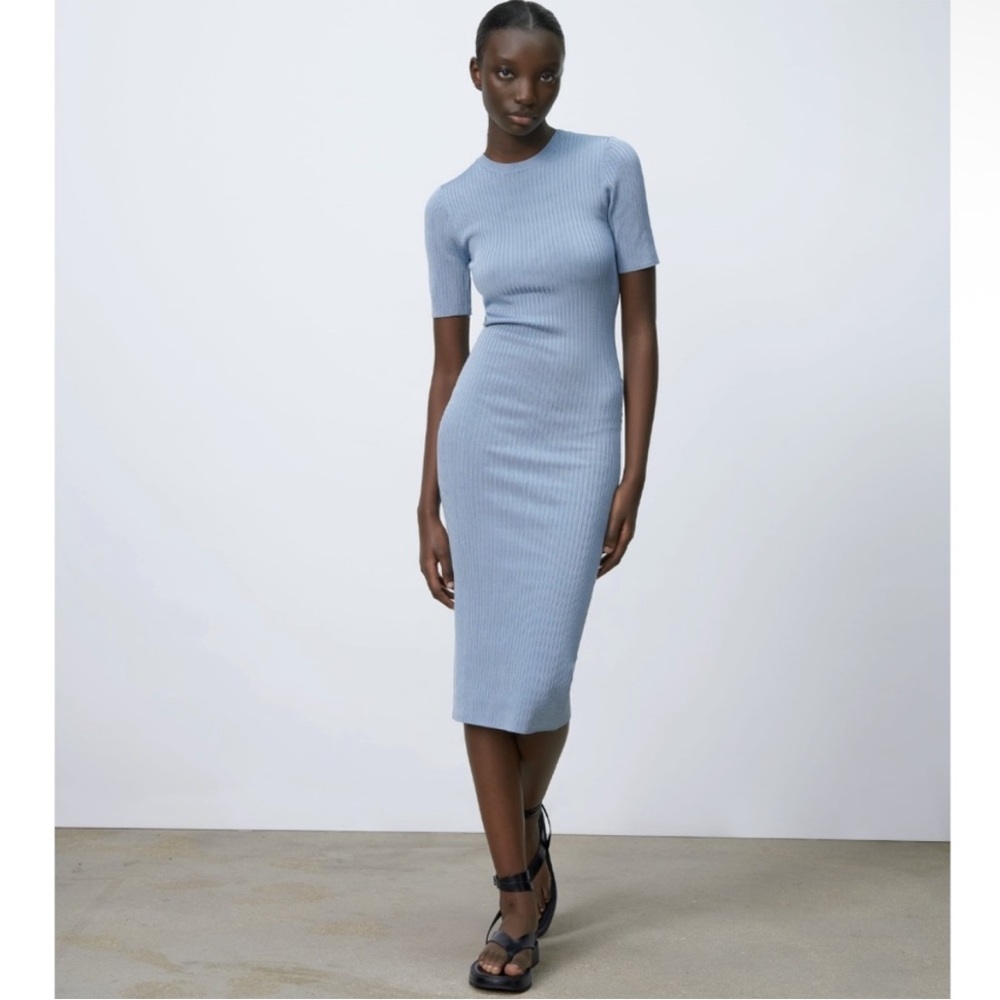 NWT Zara Blue Ribbed Bodycon Midi Dress Medium